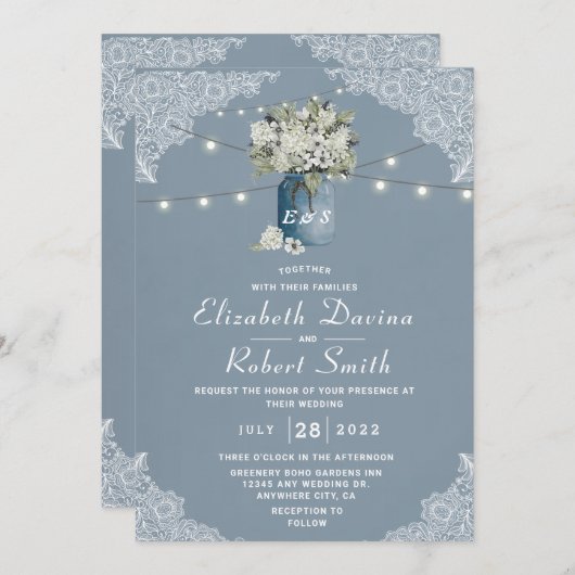 Dusty Blue Country kombinierte White Lace Wedding Einladung (Vorne/Hinten)