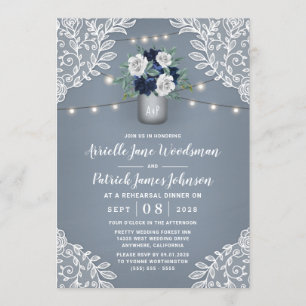 Dusty Blue Country Lace Mason Jar Probe Dinner Einladung