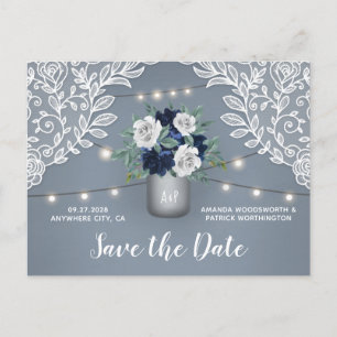 Dusty Blue Country Lace Mason Jar Save the Date Ankündigungspostkarte