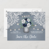 Dusty Blue Country Lace Mason Jar Save the Date Ankündigungspostkarte (Vorne/Hinten)