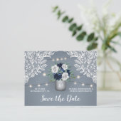 Dusty Blue Country Lace Mason Jar Save the Date Ankündigungspostkarte (Stehend Vorderseite)