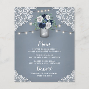 Dusty Blue Country White Lace Mason Jar Menü Cards