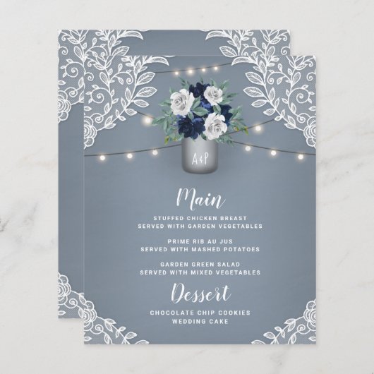 Dusty Blue Country White Lace Mason Jar Menü Cards (Vorne/Hinten)
