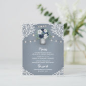Dusty Blue Country White Lace Mason Jar Menü Cards (Stehend Vorderseite)