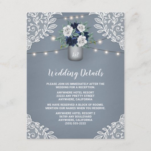 Dusty Blue Country White Lace Mason Jar Wedding Begleitkarte (Vorderseite)