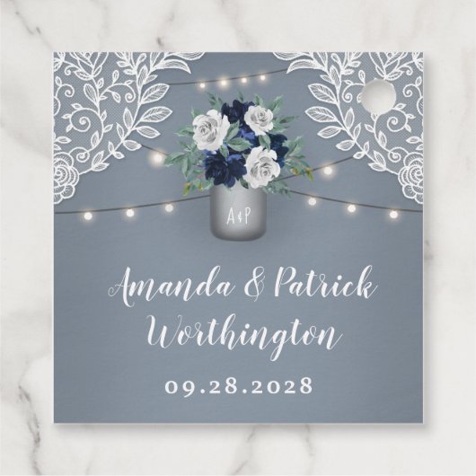 Dusty Blue Country White Lace Mason Jar Wedding Geschenkanhänger (Rückseite)
