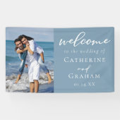 Dusty Blue Couple Foto Coastal Wedding Banner (Horizontal)