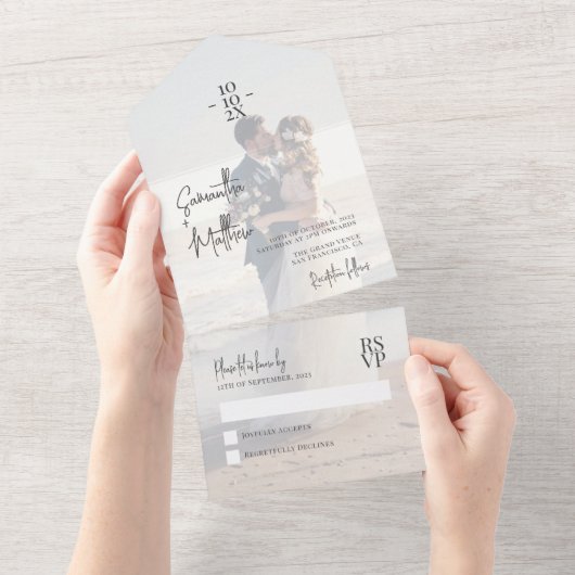 Dusty Blue Couple Foto Hochzeit Jahrestag All In One Einladung (Abreißen)