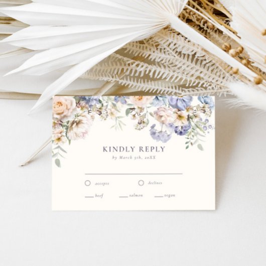 Dusty Blue Cream Floral Wedding RSVP Karte