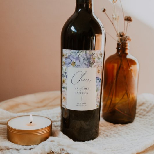 Dusty Blue Cream Floral Wedding Weinetikett