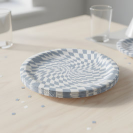 Dusty Blue & Cream Warped Checkered Swirl Hypnotic Pappteller