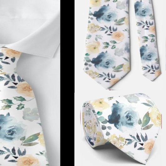 Dusty Blue Cream Watercolor Floral Rose Neck Tie Krawatte