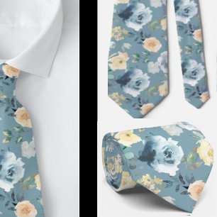 Dusty Blue Cream Watercolor Floral Rose Neck Tie Krawatte