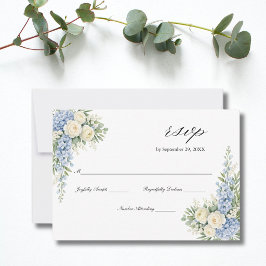 Dusty Blue Cream Watercolor Florals Roses Wedding  RSVP Karte