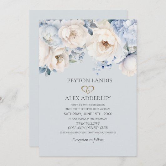 Dusty Blue Cream White Floral Gold Wedding Einladung (Vorne/Hinten)
