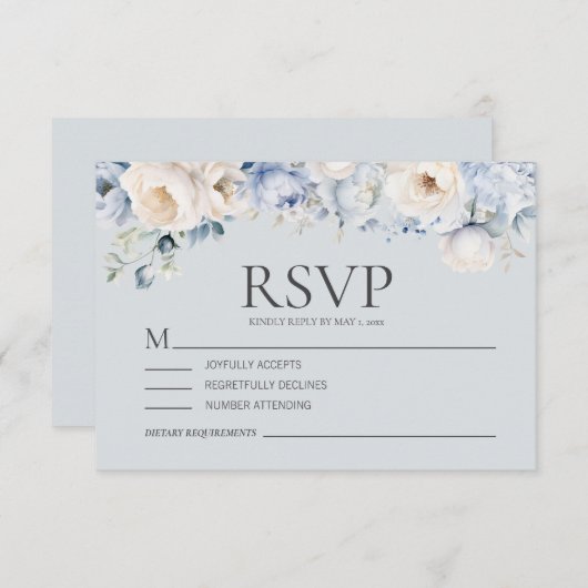 Dusty Blue Cream White Floral Wedding RSVP Karte (Vorne/Hinten)