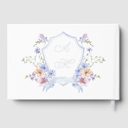 Dusty Blue Crest Floral Wedding Gästebuch (Rückseite)
