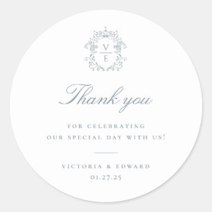 Dusty Blue Crest Monogram Hochzeit Danke Runder Aufkleber