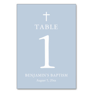Dusty Blue Cross Baptisse Tischnummer Card