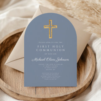 Dusty Blue Cross Boy First Communion Arch Einladung