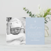 Dusty Blue Cross Boy Foto Taufe Danke Karte (Stehend Vorderseite)