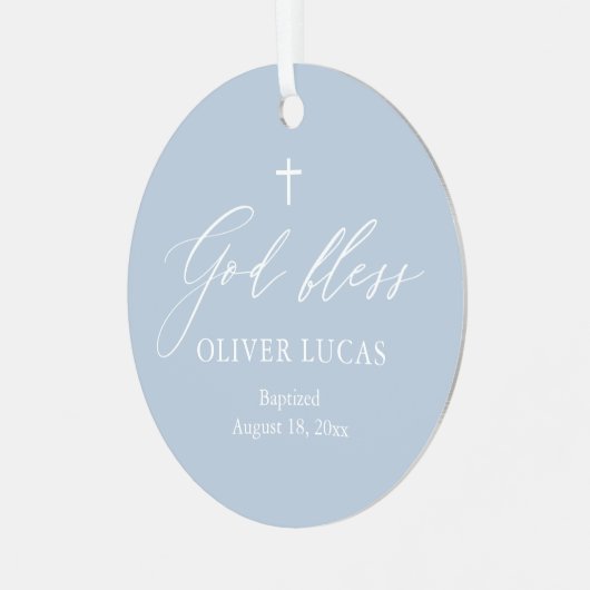 Dusty Blue Cross Boy Taufe Keramik Ornament (Vorderseite links)