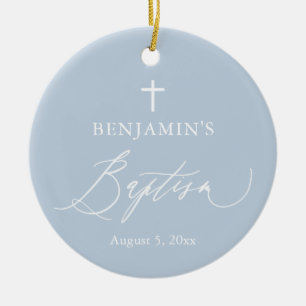 Dusty Blue Cross Boy Taufe Keramik Ornament