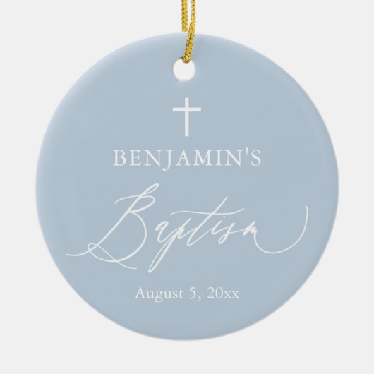 Dusty Blue Cross Boy Taufe Keramik Ornament (Vorne)