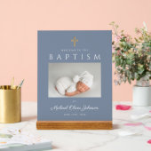 Dusty Blue Cross Foto Boy Baptisse Willkommen Acrylschild (Hochzeit)