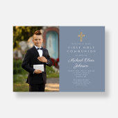 Dusty Blue Cross Foto Boy First Communation Einladung