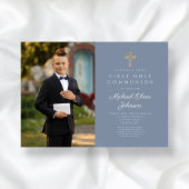 Dusty Blue Cross Foto Boy First Communation Einladung