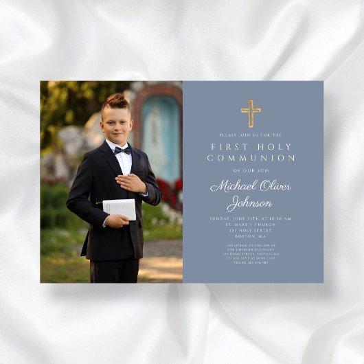 Dusty Blue Cross Foto Boy First Communation Einladung