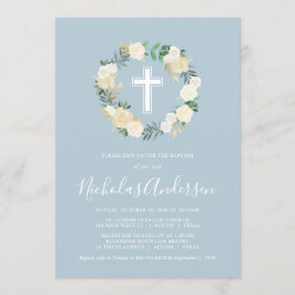 Dusty Blue Cross mit Cream Florals, Boy-Taufe Einladung