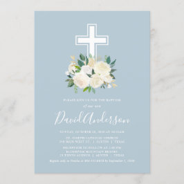 Dusty Blue Cross mit Cream Florals, Boy-Taufe Einladung