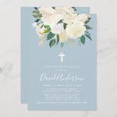 Dusty Blue Cross mit Cream Florals, Boy-Taufe Einladung (Vorne/Hinten)