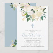 Dusty Blue Cross mit Cream Florals, Junge Taufe Einladung (Vorne/Hinten)