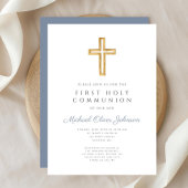 Dusty Blue Cross Religious Boy First Communation Einladung