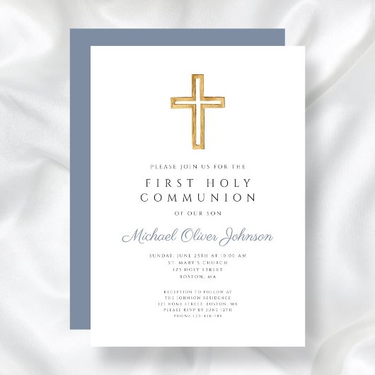Dusty Blue Cross Religious Boy First Communation Einladung