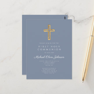 Dusty Blue Cross Religious Boy First Communation Postkarte