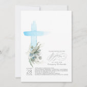 Dusty Blue Cross und Sage Greenery Elegante Taufe Einladung (Vorderseite)