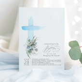 Dusty Blue Cross und Sage Greenery Elegante Taufe Einladung