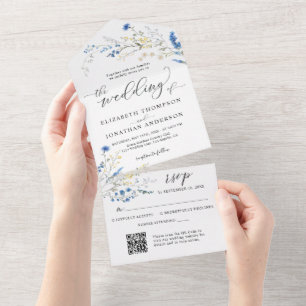 Dusty Blue Dainty Blume Hochzeitdetails QR UAWG All In One Einladung