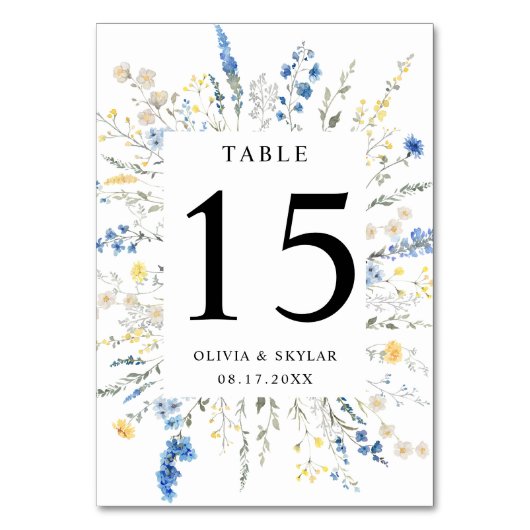 Dusty Blue Dainty Wild Floral Boho Yellow Wedding Tischnummer (Rückseite)