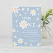 Dusty Blue Daisy Einladung 1. Geburtstag (Stehend Vorderseite)