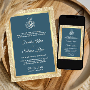 Dusty Blue Damask Islamische Hochzeit Einladung