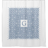 Dusty-Blue-Damask-Monogramm Duschvorhang (Vorderseite)