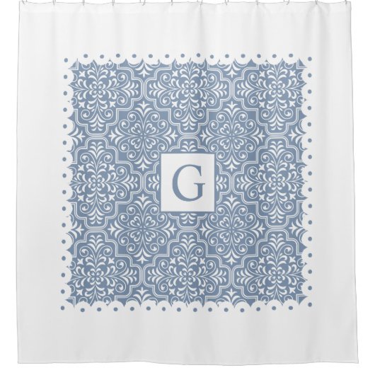Dusty-Blue-Damask-Monogramm Duschvorhang (Vorderseite)