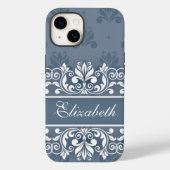 Dusty blue Damask wirl name Case-Mate iPhone Case (Rückseite)