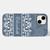 Dusty blue Damask wirl name Case-Mate iPhone Case (Rückseite (Horizontal))