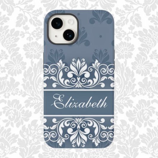 Dusty blue Damask wirl name Case-Mate iPhone Case